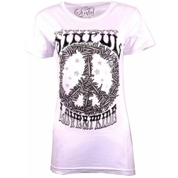 Sinful AFFLICTION Women's S/S T-Shirt PEACE & LOVE - Picture 1 of 6